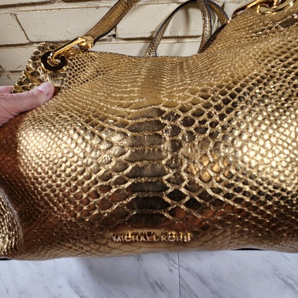 Michael Kors Raven Snakeskin Gold Leather Tote Bag Purse - Picture 4 of 14